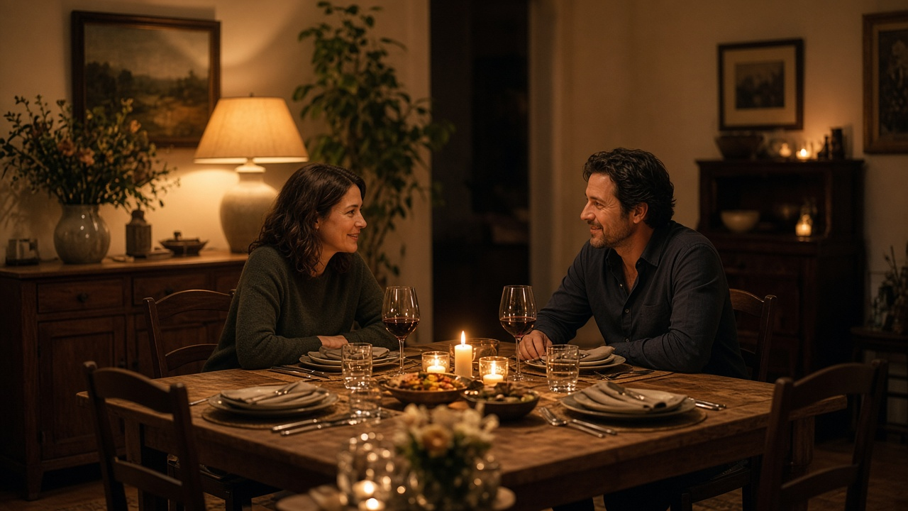 Dining room with two people having dinner